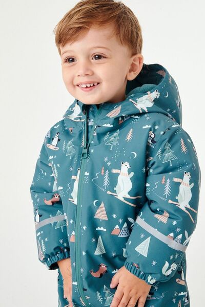 Next Baby Teal Blue Animal Patterned Full Fleece Lined Waterproof Snow Jumpsuit