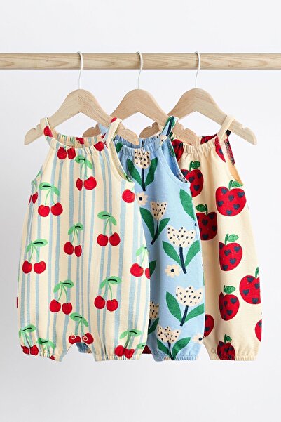 Next Baby Cotton Cherry Apple Patterned Strappy 3 Piece Romper Set