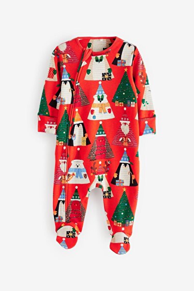 Next Baby 100 Cotton Red Christmas Themed Zippered Jumpsuit