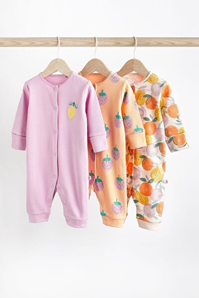 Next Baby 3 Pieces Fruitt Patterned 100 Cotton Lilac Orange Collared Sleep Suit