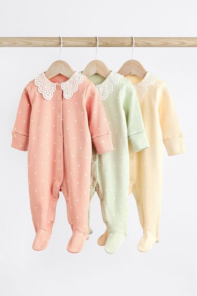 Next Baby Peach Pink Lace Collar - 100 Cotton 3 Piece Sleep Suit