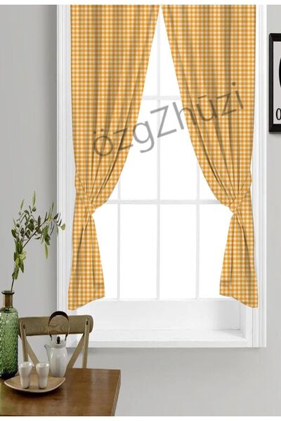 perlina home Mutfak Şıklığı Ekose Desen 2 Kanat Fon Perde Turuncu (en X Boy)