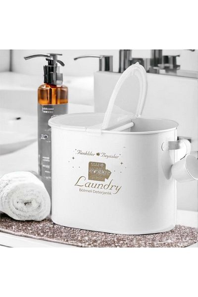 Laundry علبة منظف معدنية فاخرة مكونة من قسمين باللون الأبيض سعة 12 لترًا Lr055