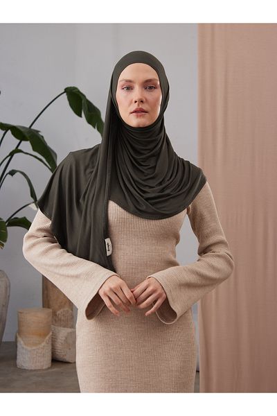 Femple Modest Πρακτικό Premium Χακί Τζέρσεϊ Σάλι - Ενήλικες, Ραμμένο Πηγούνι, Στιγμιαίο Hijab