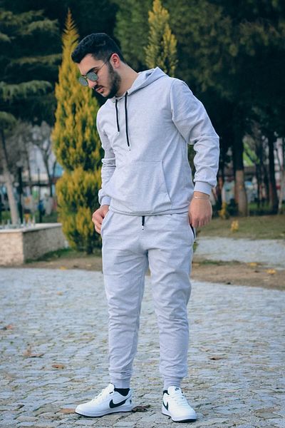 han elegant Σετ ανδρική αθλητική φόρμα με κουκούλα βαμβακερή τσέπη καγκουρό