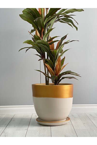 odka 10litre Klasik Saksı Tabaklı 25cmx23cm Ekru Gold