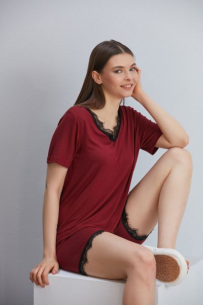 ÇAĞ MODA Combed Cotton Viscose Shorts T Shirt Lace Pajama Set Women