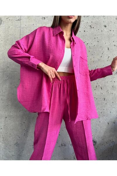 İkmal Női fukszia dupla vászon ing nadrág alsó felső szett