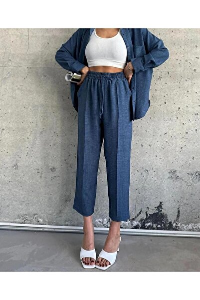 İkmal Kadın Mavi Ikili Keten Gömlek Pantolon Alt Üst Takım