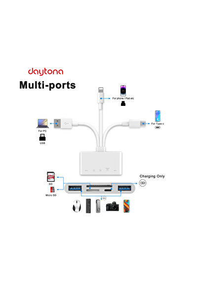 Daytona Nk1032 Pro Type-c Lightning Usb-a To 2x Usb3.0 Sd Tf Pd Kart Okuyucu Çevirici Hub Adaptör
