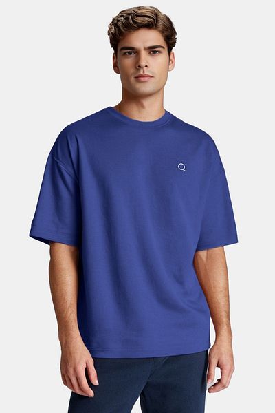 QMARI Ανδρικό μπλουζάκι Navy Blue - Βαρύ βάρος, Oversize, 100% βαμβάκι, λαιμόκοψη, κοντό μανίκι |   Q Κεντημένο