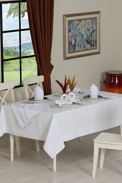 Tropikhome 8 Pieces Honey Cotton White Tablecloth - With Napkin and Border, 160x220 Cm
