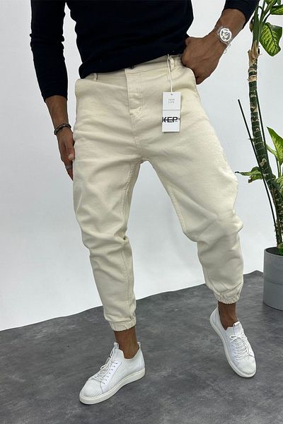 MADZEYMODA Ανδρικό τζιν παντελόνι ελαστικό Lycra Beige