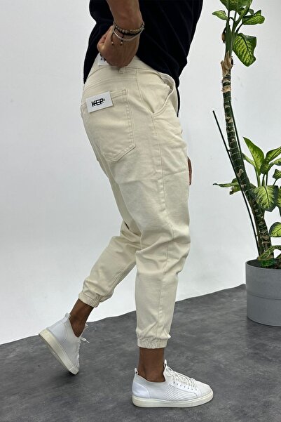 MADZEYMODA Ανδρικό τζιν παντελόνι ελαστικό Lycra Beige