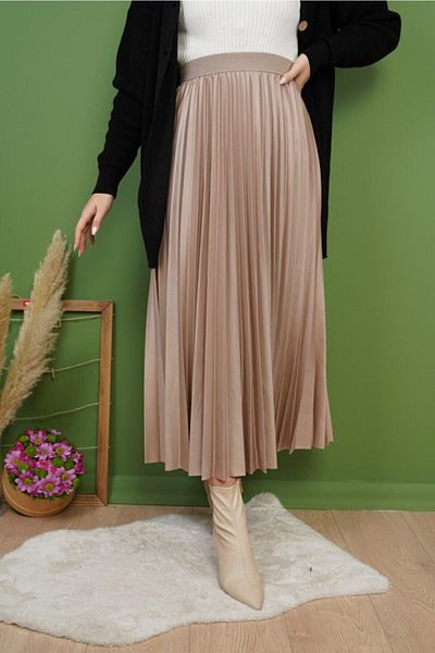 Rudaconcept Γυναικεία Δερμάτινη Όψη Πλισέ Φούστα Milk Brown Χρώμα Νέας Σεζόν