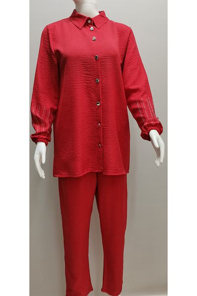 B.HE.Z Ayrobin Linen Set - Stone Detailed Shirt Collar and Loose Tunic