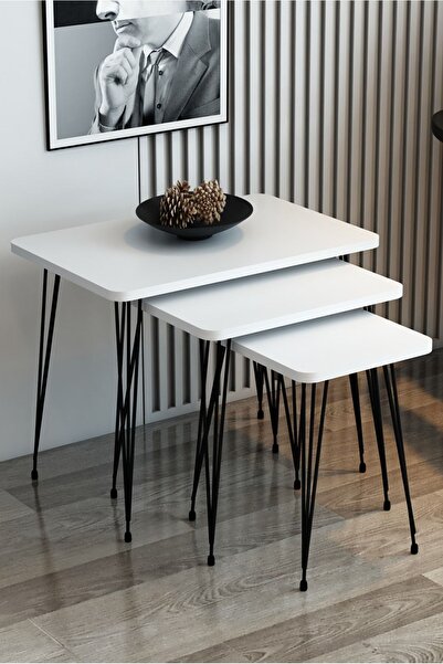 Modalanka 3'lü Zigon Sehpa Dikdörtgen Model Zigon Sehpa Metal Tel Ayak