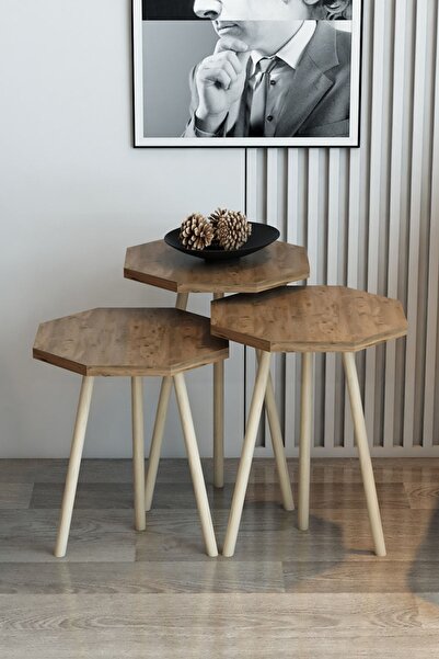 Modalanka 3'lü Zigon Sehpa Sekizgen Model Zigon Sehpa Gürgen Ayak