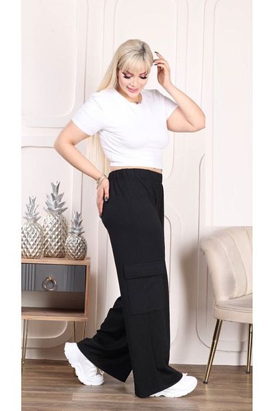Duay giyim Women's Large Size Lycra High Waist Cargo Pocket Crepe Pants 21060 Black
