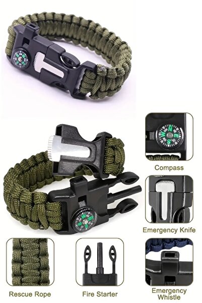BİTERSE Survıval Pusulalı Hayatta Kalma Bilekliği Kamp Bileklik Düdük Çok Amaçlı Outdoor Aksesuar Kit