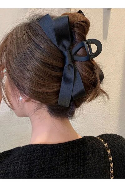 Monalisa Kadın Siyah Saten Çift Taraflı Fiyonk Mandal Toka