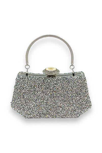 Biçanta Gri argintiu Culoarea șchiopătă Perle de piatră Mâner metalic Geanta ...