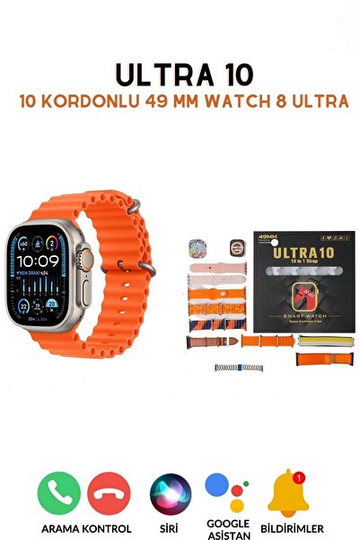 Fırsatbidünya Watch 8 Ultra 49 Mm 10 In 1 Akıllı Saat 10 Kordonlu Takvim Spor...
