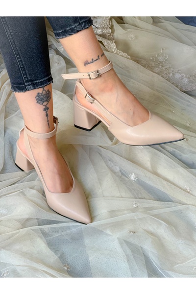 irmona DUBAI BEJ DERİ KISA ÖKÇE BANTLI SIVRI BURUN KLASIK SANDALET