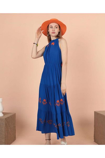 BeyzaBayram Saks Blue Embroidered Halter Collar Plus Size Viscose Dress