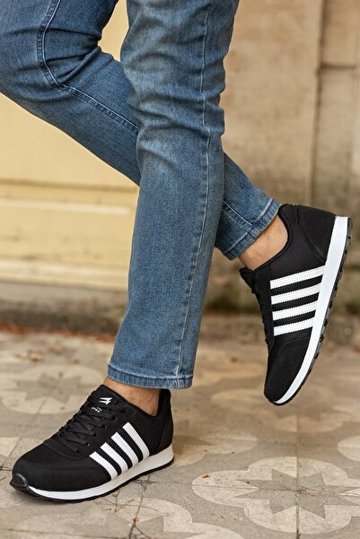 BOUIS Erkek Siyah Çizgili Casual Rahat Yumuşak Tabanlı Konforlu Bağcıklı Sneaker Spor Ayakkabı