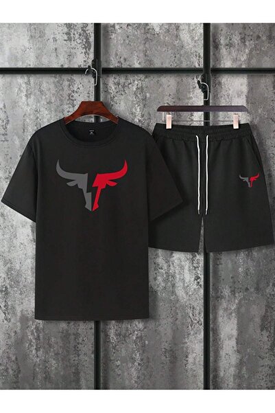 DAXİS Sportwear Company Férfi nyomtatott férfi alsó felső fekete szett - rövidnadrág póló szett