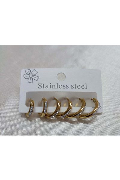 Rapithwin 6-Piece Unisex Hoop Earring Set - Steel Gold Color, Stoned Basic 3 Sizes