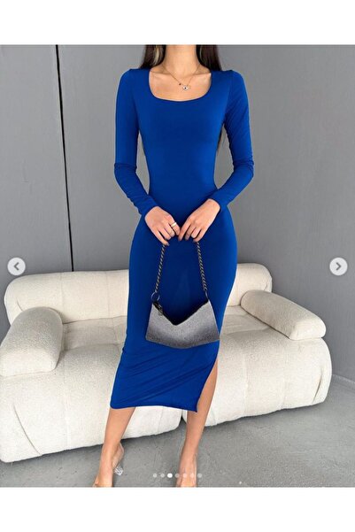 Leo Ferre Sandy Kumaş Kare Yaka Yırtmaç Detaylı Maxi Elbise