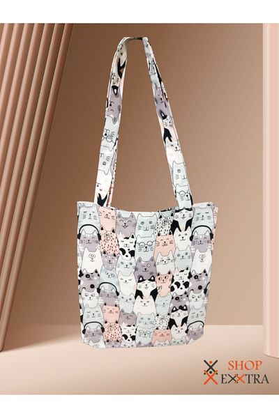 shopExxtra Cats Listening to Music Patterned Linen Bag