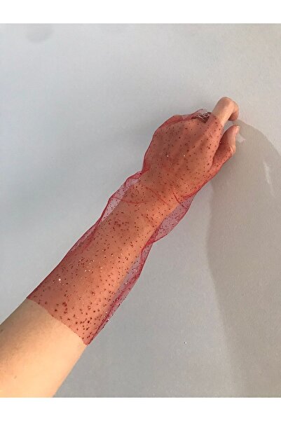 VENÜS MODA by Pınar Kırmızı Simli Tül Eldiven Parmaksız Kına Eldiveni Nişan Eldiveni Parti Eldiven