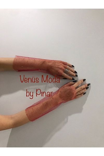 VENÜS MODA by Pınar Red Glittery Tulle Gloves Fingerless Henna Gloves Engagement Gloves Party Gloves