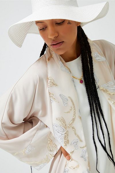 Nuum Design Brocade Garnished Abaya Nude & Shawl