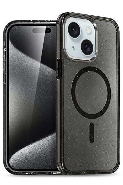 Hatreds iPhone 14 Uyumlu Magsafe Simli Tasarımlı Renkli Transparan Kılıf - Siyah
