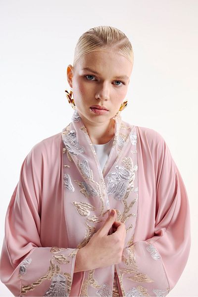 Nuum Design Pink Brocade Garnished Abaya and Shawl