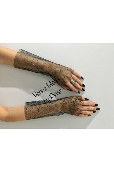 VENÜS MODA by Pınar Siyah Simli Tül Eldiven Parmaksız Nikah Gelin Eldiveni Nikah Eldiveni Nişan Eldiven Yılbaşı Parti