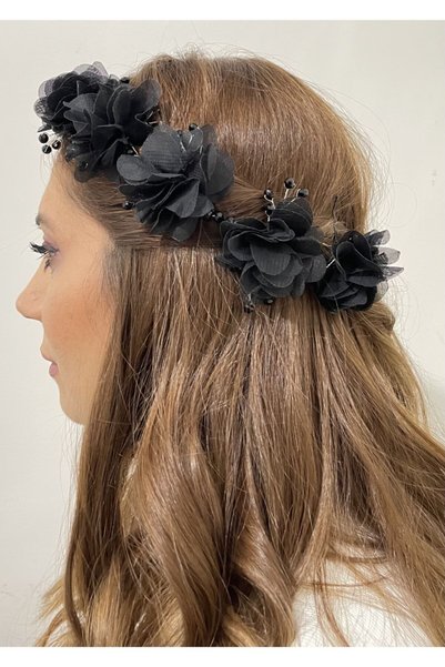 DesaAccessories Siyah Kristal Taşlı Çiçek Detay Saç Aksesuarı