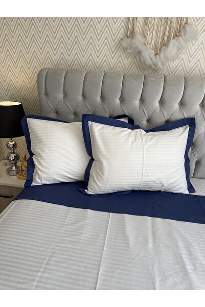 calinahome طقم غطاء لحاف من الساتان القطني الأبيض مخطط باللون الأزرق الداكن