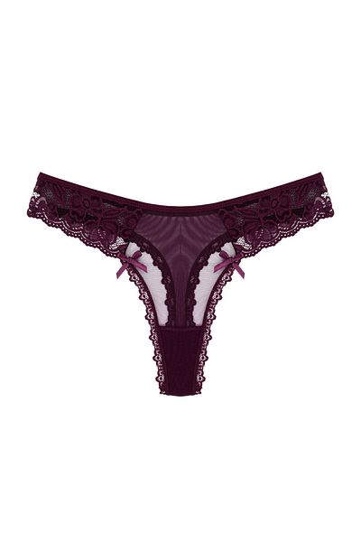 Zena Purple Front and Back Tulle Lace Detailed Thong Women's Panties