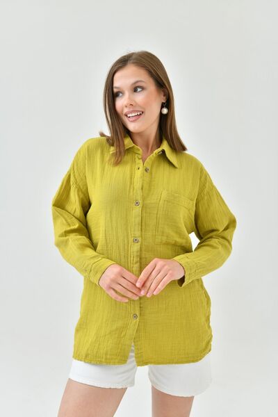 enmodaiçgiyim 100% Cotton Muslin Fabric Women's Shirt – Oil Green Color, Long Sleeve, Comfortable Fit, 4 Season Model