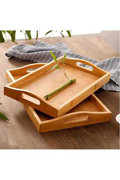 MEHAY HOME 2-Piece Handled Bamboo Wooden Rectangular Tea Coffee Serving Luxury Presentation Tray 33CM&40CM