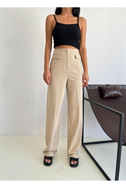 CESS Kadın Yüksek Bel Toparlayıcı Bol Paça Ön Cep Kapağı Detaylı Palazzo Pant...