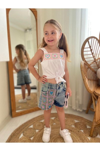 BERFONZO KIDS Kız Çocuk Kot Şortlu Nakış Detay Takım (Bayramlık)