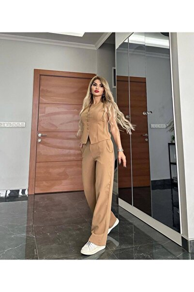 Arv Moda PANTALON VEST SET IMPORTED DABIL FABRIC Women's Buttoned Vest Palazzo Wide Leg Trousers Double Set