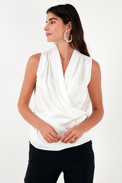 Lela Αμάνικη σατέν μπλούζα με διπλό γιακά BLUZ 611BZ0341