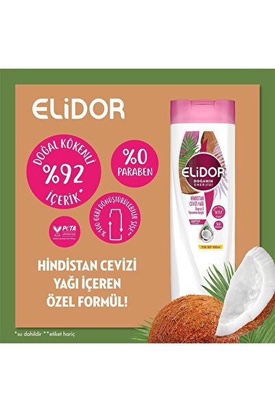 Elidor Doğanın Enerjisi Saç Bakım Şampuanı Hindistan Cevizi Yağı 400 ml Saç Bakım Kremi 350 ml
